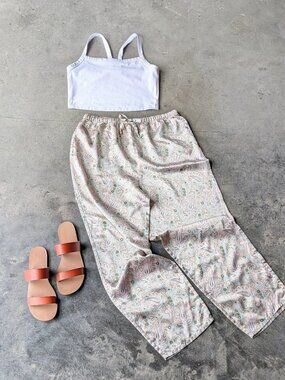 Vintage Paisley Patterned Tan Satin Straight Leg Pajama Pants medium
